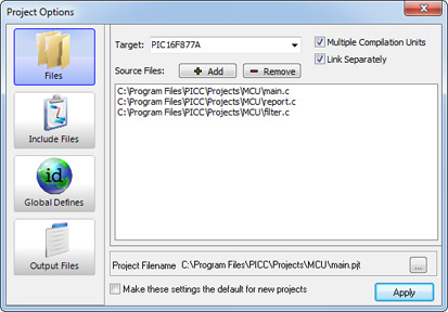 MCU CCS PCW IDE Project Options