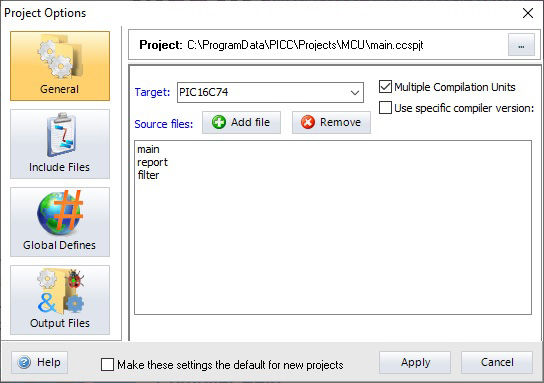 MCU CCS IDE Project Options