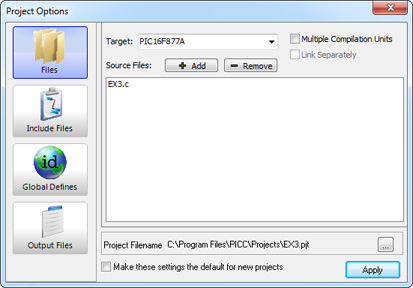 CCS PCW IDE Project Options