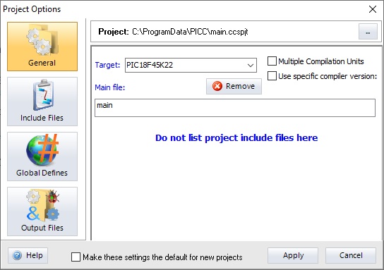 CCS IDE Project Options CCS IDE Project Options